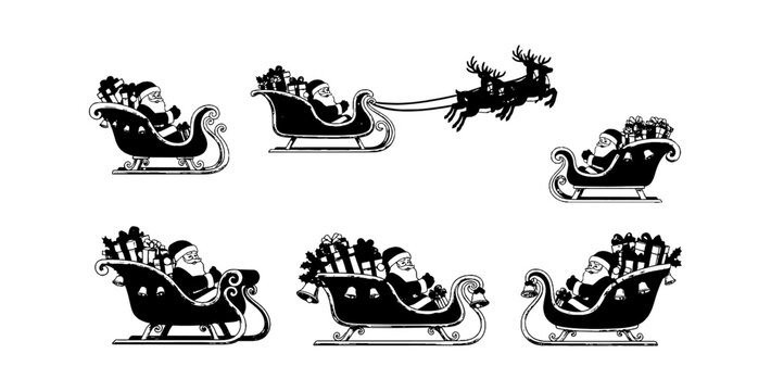 Set of black silhouette icons of santa claus riding a christmas sleigh with reindeer flying in the sky for winter holiday design isolated on transparent background, Vector