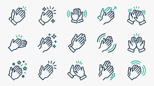 Industrial Style Icons of Clapping Hands with Sparkles and Arrows for Positive Feedback Celebration and Direction