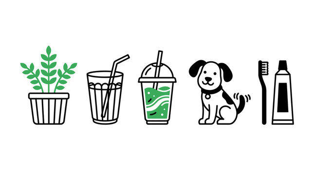 Healthy Lifestyle Icons: Plant, Drinks, Dog, Toothbrush, Toothpaste, White Background