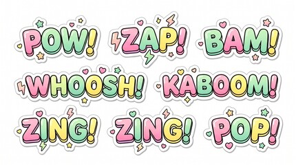 Fototapeta premium Pastel Comic Book Sound Effect Stickers Set featuring Pow Bam Zap Whoosh Kaboom Zing Pop Onomatopoeia, Cute Kawaii Pop Art Elements Isolated on White Background