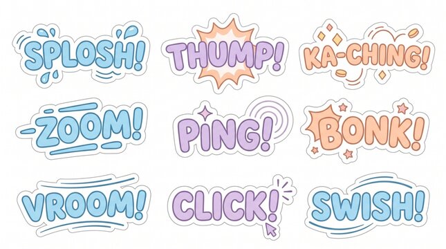Playful Comic Sound Effects Onomatopoeia Sticker Set with Splosh Thump Kaching Zoom Ping Bonk Vroom Click Swish for Energetic Social Media Assets isolated on White Background