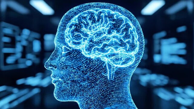 A futuristic digital illustration of a human head in profile with a glowing blue brain