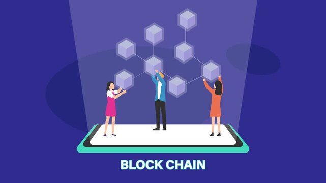 Blockchain Technology Concept Illustration with People Connecting Digital Cubes on Smartphone Screen cartoon animation