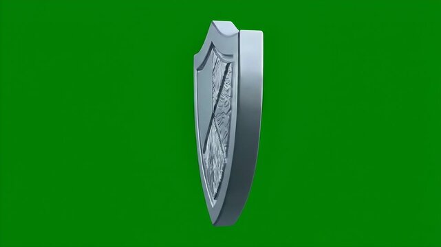 A silver shield with a textured mountain range design is prominently displayed against a vibrant green background, symbolizing protection and strength.