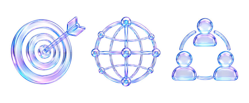 3D glossy liquid glass business icons set, abstract transparent fluid target, global network planet, and team connection symbols isolated on Transparent background