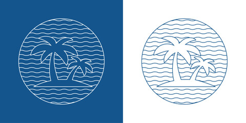 Logo agencia de viajes. Vacaciones de verano. Dibujo minimalista de un paisaje tropical con una isla con dos palmeras, con un círculo de fondo formado por líneas onduladas paralelas en azul y blanco  © teracreonte