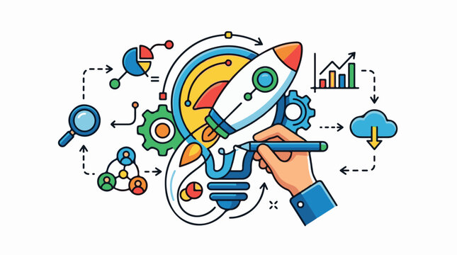 A colorful illustration of a hand drawing a rocket surrounded by various business and technology icons
