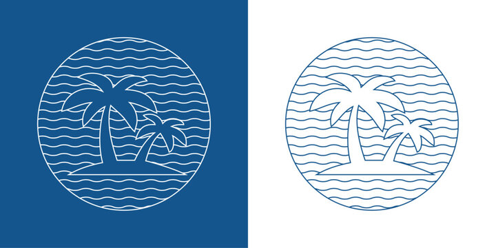 Logo agencia de viajes. Vacaciones de verano. Dibujo minimalista de un paisaje tropical con una isla con dos palmeras, con un c&iacute;rculo de fondo formado por l&iacute;neas onduladas paralelas en azul y blanco 