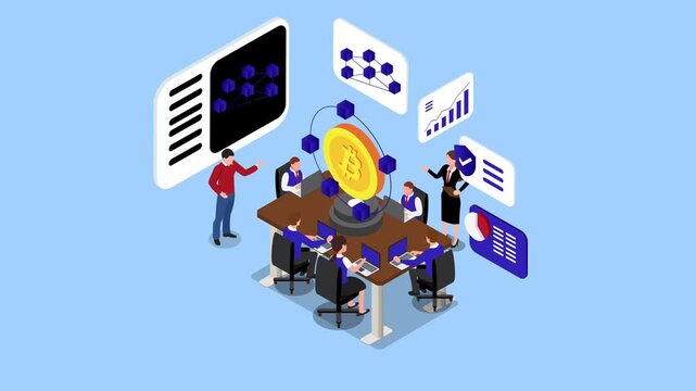 Blockchain Security and Cryptocurrency Analytics Team Presentation with Bitcoin 3d animation cartoon