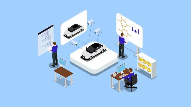 Autonomous Car Development and Automotive Engineering Laboratory Concept 3d animation cartoon