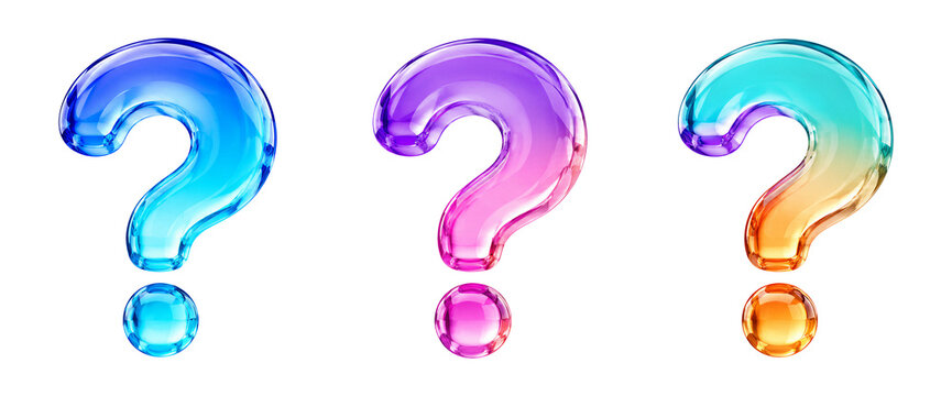 Set of 3D Question Mark Icons Isolated on Transparent Background, Vivid Gradient Liquid Glass FAQ Support, Help Advice, and Digital Customer Choice Asset