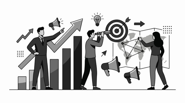 A grayscale illustration of business professionals analyzing data and planning with graphs and a world map