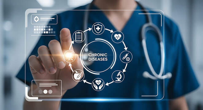 Doctor interacting with a futuristic holographic interface displaying icons related to chronic diseases and healthcare.