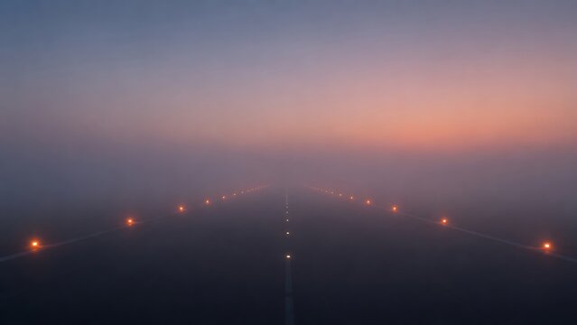 An airport runway disappearing into a dense fog at dawn or dusk, with guiding lights illuminating the path.