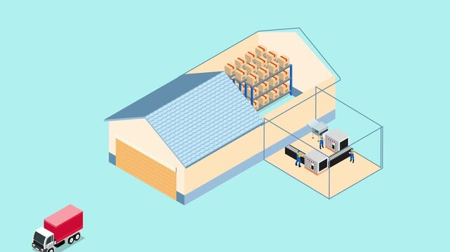 factory warehouse and logistics building with delivery truck, storage racks, and workers managing production machinery 3d animation cartoon