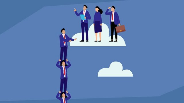 Businessmen climbing human pyramid to reach leadership team on a cloud cartoon animation