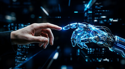 Fototapeta premium Human finger touches glowing blue robotic hand in futuristic digital environment image