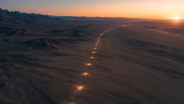 Aerial view of a winding desert road illuminated by a string of lights at sunset, stretching into the distant horizon.