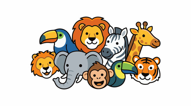 A colorful illustration of various animal faces and a monkey