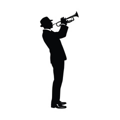 Trumpet player silhouette against a white background musical performance art © Esrat