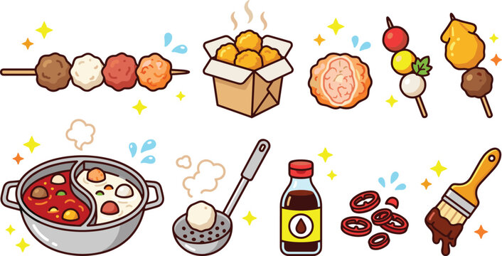 Asian street food and hot pot vector icon set featuring skewered fish balls dipping sauce dual hotpot broth chili slices and basting brush.