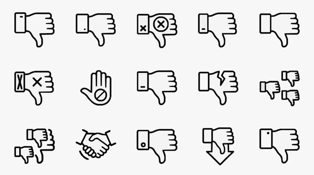 Minimalist Black and White Downvote and Upvote Hand Gesture Icons Set with Variations with high quality professional line art symbols for modern creative design and digital branding projects