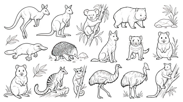 Australian animals line art collection, 15 hand drawn vector icons of wildlife, kangaroo koala and wombat sketches for coloring book