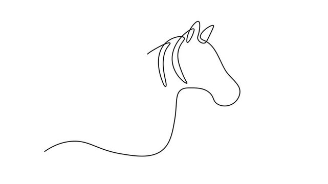 Continuous line drawing of a horse, zebra head profile. Self drawing animation one continuous line draw, logo on white background