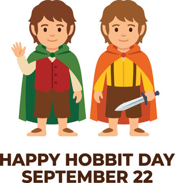 Two cartoon hobbit characters wearing cloaks and vests with one waving and the other holding a small sword standing above the text happy hobbit day september 22