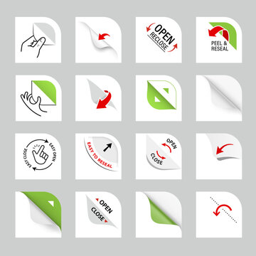 Opening or closed packaging arrows symbols icons set. Set for package, shows the place of opening. The outline vector icons are well scalable and editable for packaging label design. EPS10.