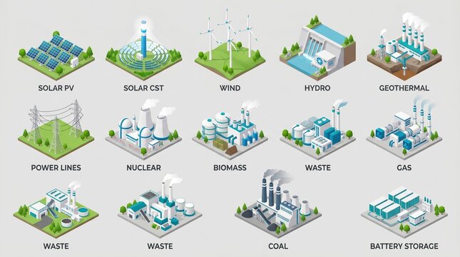 Clean isometric energy infographic  power-generation and grid icons ,Solar PV, Solar CST, Wind, Hydro, Geothermal, Power Lines, Nuclear, Biomass, Gas, Waste, Coal, Battery Storage. Modern 3D vector .