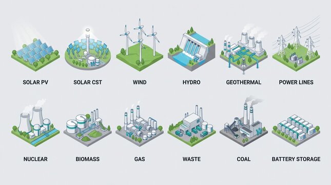 Clean isometric energy infographic  power-generation and grid icons ,Solar PV, Solar CST, Wind, Hydro, Geothermal, Power Lines, Nuclear, Biomass, Gas, Waste, Coal, Battery Storage. Modern 3D vector .