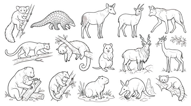 Hand-drawn exotic animal line art collection, 15 black and white wildlife vector illustrations, rare mammals and forest creatures for coloring books