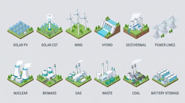 Clean isometric energy infographic  power-generation and grid icons ,Solar PV, Solar CST, Wind, Hydro, Geothermal, Power Lines, Nuclear, Biomass, Gas, Waste, Coal, Battery Storage. Modern 3D vector .