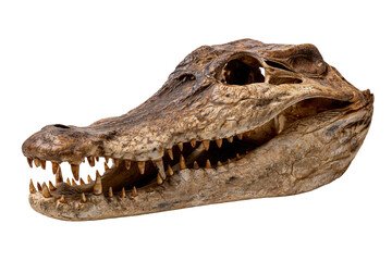 Fototapeta premium Weathered reptile skull featuring a long snout and prominent teeth for zoological and anatomical concepts, isolated on transparent background 