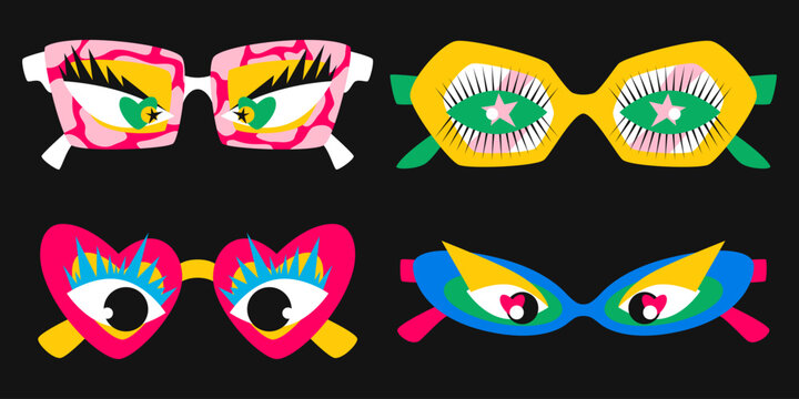 Retro sunglasses with groovy heart frames, psychedelic pattern, funny stars, eyes with lashes, cartoon vector illustration for summer beach vibes, vintage party style, colorful cool accessories icons