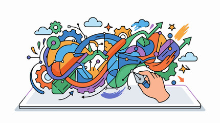 Obraz premium A hand holding a tool creates colorful gears, clouds, and symbols