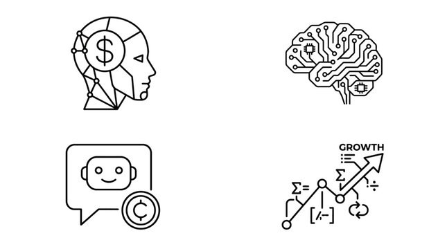 Artificial intelligence and fintech icons showing robot profile brain chat and growth.