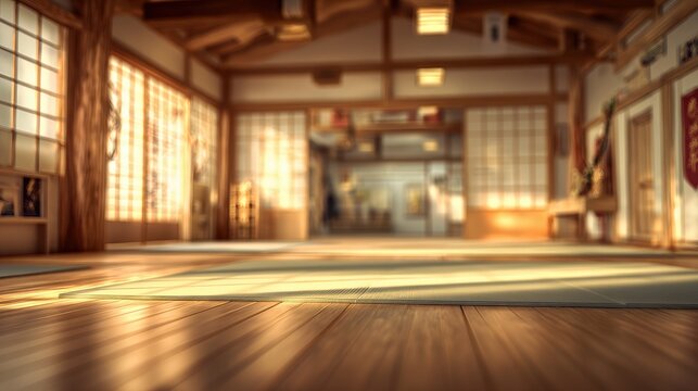 3D-rendered karate dojo interior with a softly blurred background to mimic a photographic backdrop