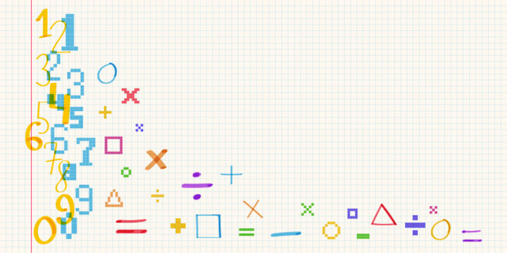 Hand drawn marker highlights, color numbers, vector school border with doodle or pixel font on grid paper background. Scribble frame, corner element for school notes with felt pen strokes texture