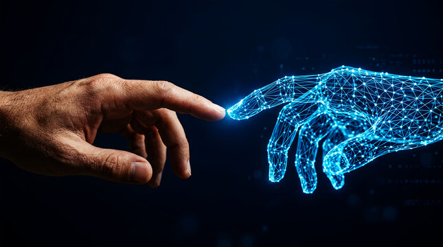 Human hand touches glowing digital wireframe hand on dark blue background technology
