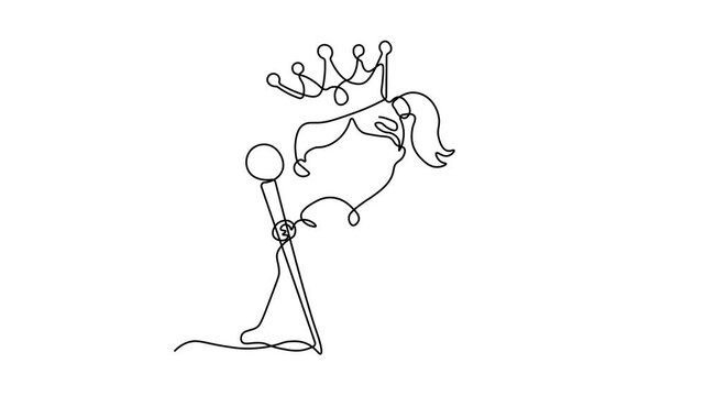 queen wearing crown and holding scepter, Self drawing animation one continuous line draw, logo on white background