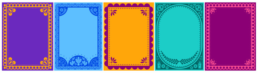 Fototapeta premium Mexican frames with vibrant floral pattern, latino folk motifs, vector posters, ethnic background. Colorful flower border design for Day of the Dead party cards, festive invites with skull, candles