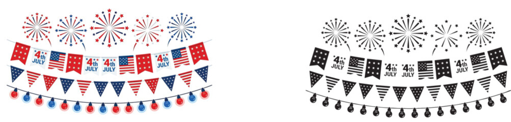 Obraz premium 4th of july patriotic banner with fireworks and bunting flags