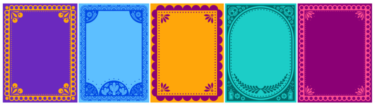 Mexican frames with vibrant floral pattern, latino folk motifs, vector posters, ethnic background. Colorful flower border design for Day of the Dead party cards, festive invites with skull, candles