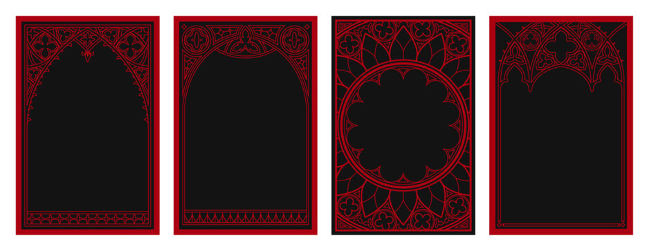 Gothic cathedral window frames with medieval ornament. Vintage circular pattern, ornate circle tracery design for fantasy cards, dark mystic poster. Vector red borders on black background, castle arch