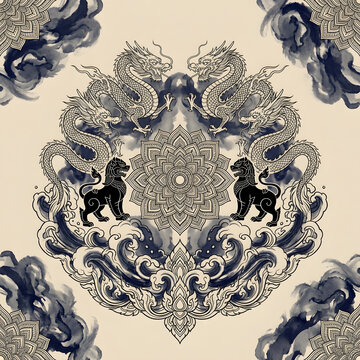 Luxury oriental seamless pattern with central mandala floral ornament, mythical Chinese dragons, black Singha lions, and indigo ink wash ocean waves on a vintage beige background