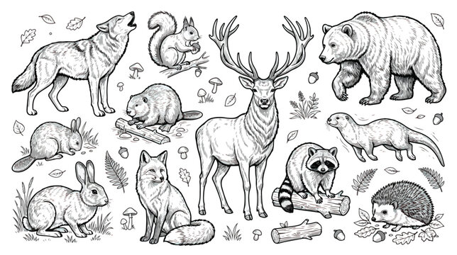 Vintage forest animals vector collection, hand drawn woodland wildlife sketches, black and white nature illustrations for coloring and design