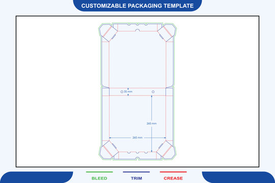 Flat pizza box dieline template with trim, crease, and bleed lines, featuring measurements for fast food packaging layout