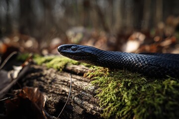 Obraz premium Basking black rat snake beneath morning light along a forest edge in Oklahoma